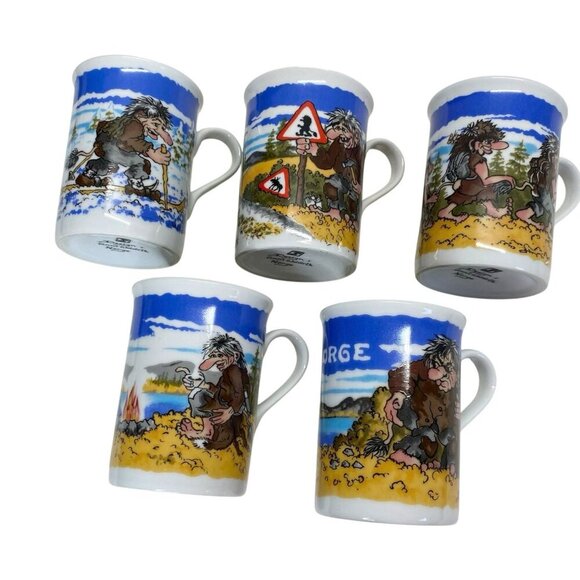 Unni Woldvik B.F. Troll Coffee Tea Mug Cup Set of 5 Norway Hiking Skiing Vintage - Picture 6 of 8